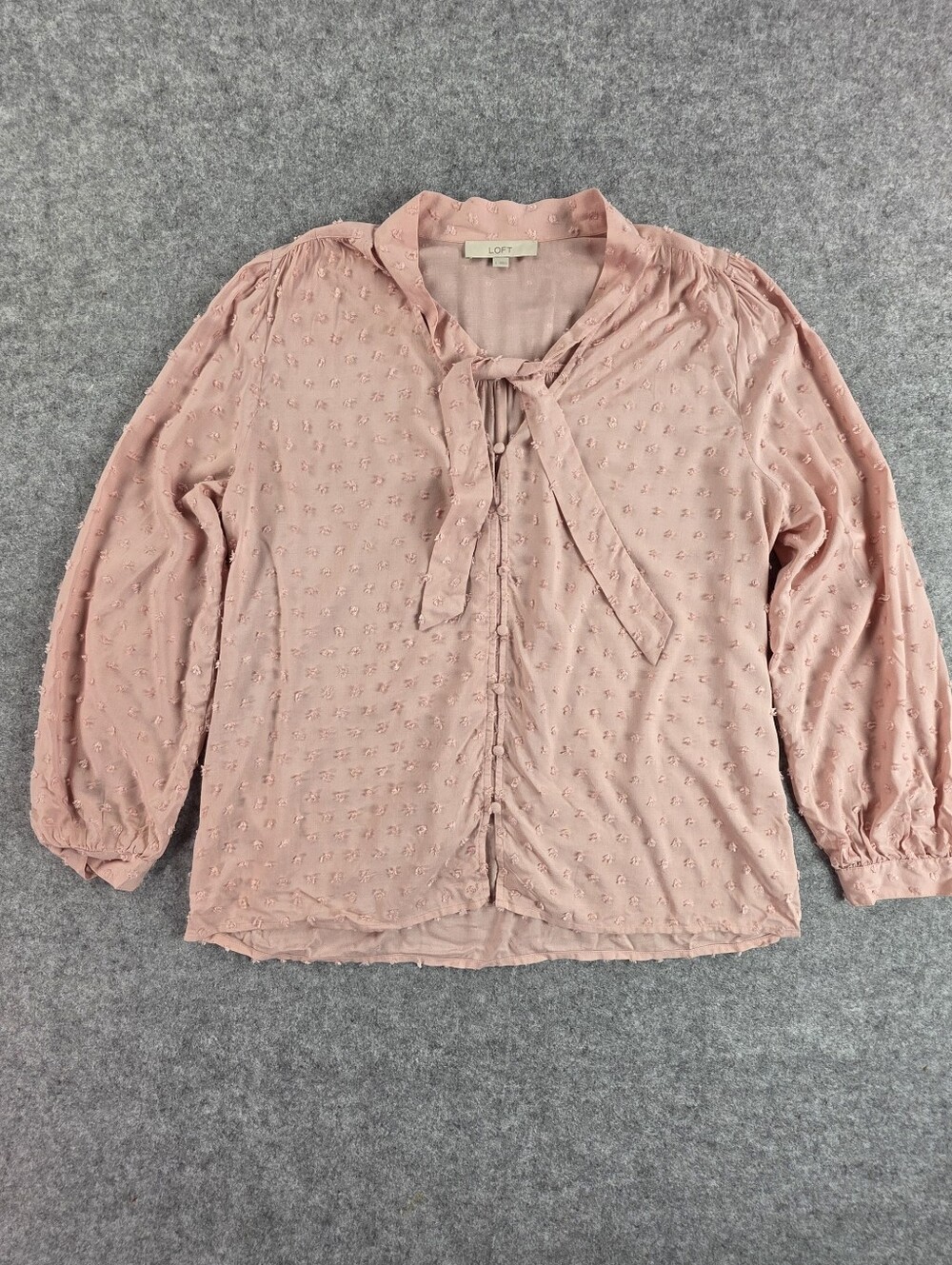 LOFT Dusty Rose Tie-Neck Swiss Dot Blouse Women's Sz L Top Shirt
